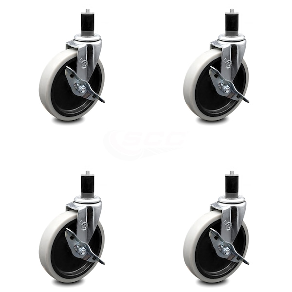 5 Inch Thermoplastic Wheel 1-5/8 Inch Expanding Stem Caster with Brakes, 4PK